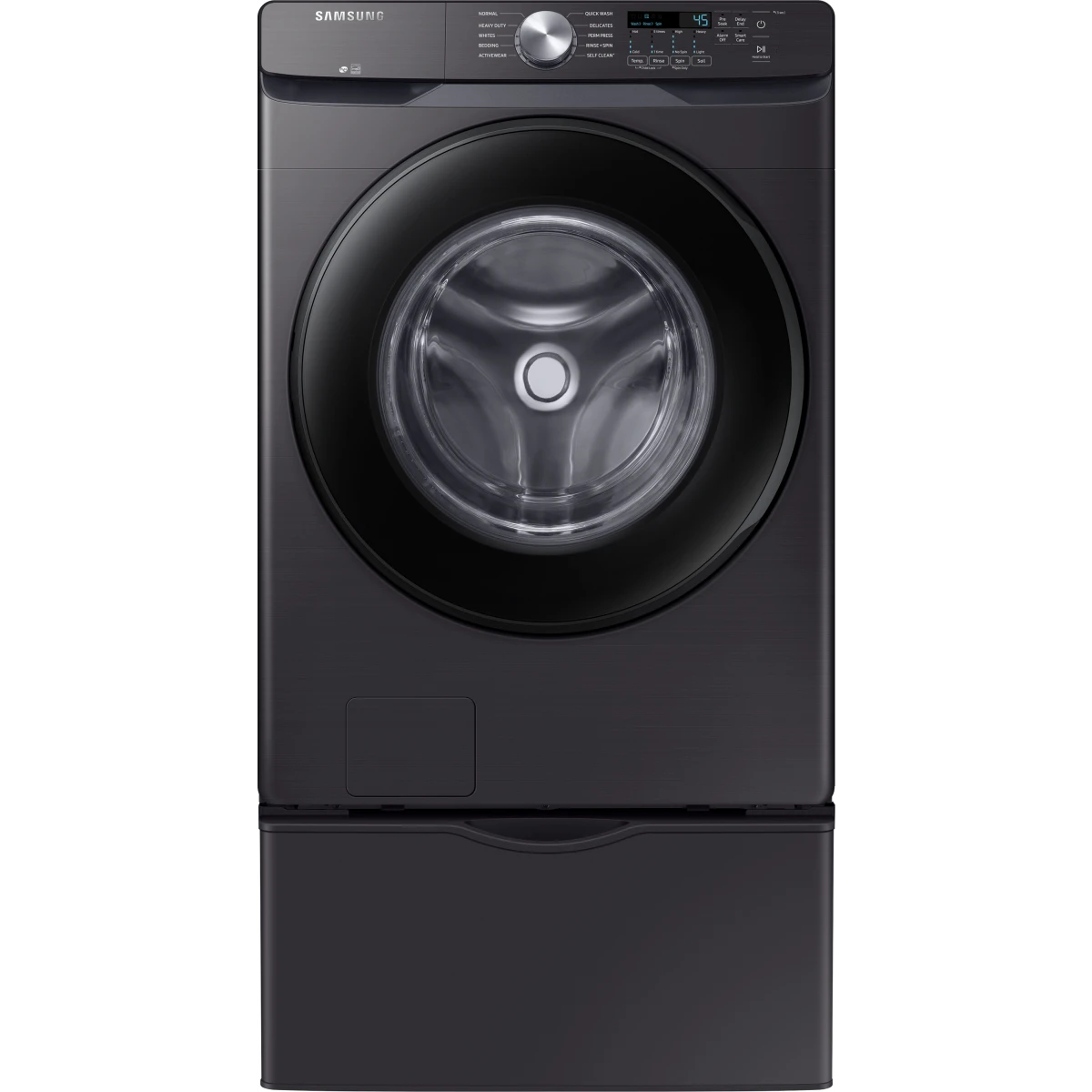 Samsung - WF45T6000AV - 27 Inch Front Load Washer with 4.5 Cu. Ft. Capacity, 10 Wash Cycles, VRT Plus™ Technology, Smart Care, Quick Wash, Self Clean, ADA Compliant, and ENERGY STAR® Certified: Brushed Black