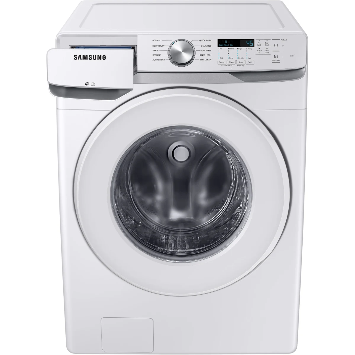 Samsung - WF45T6000AW - 27 Inch Front Load Washer with 4.5 Cu. Ft. Capacity, 10 Wash Cycles, VRT Plus™ Technology, Smart Care, Quick Wash, Self Clean, ADA Compliant, and ENERGY STAR® Certified: White