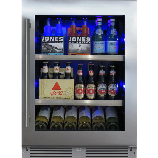 XO - XOU24BCGSR - 24 Inch Beverage Center with Glass Shelves, Tri-Color LED Interior Lighting, Secure Door Lock, Digital Temperature Controls, Sabbath Mode, Wine Cradle Included and Handle Options Included: Right Hinge, Glass Door