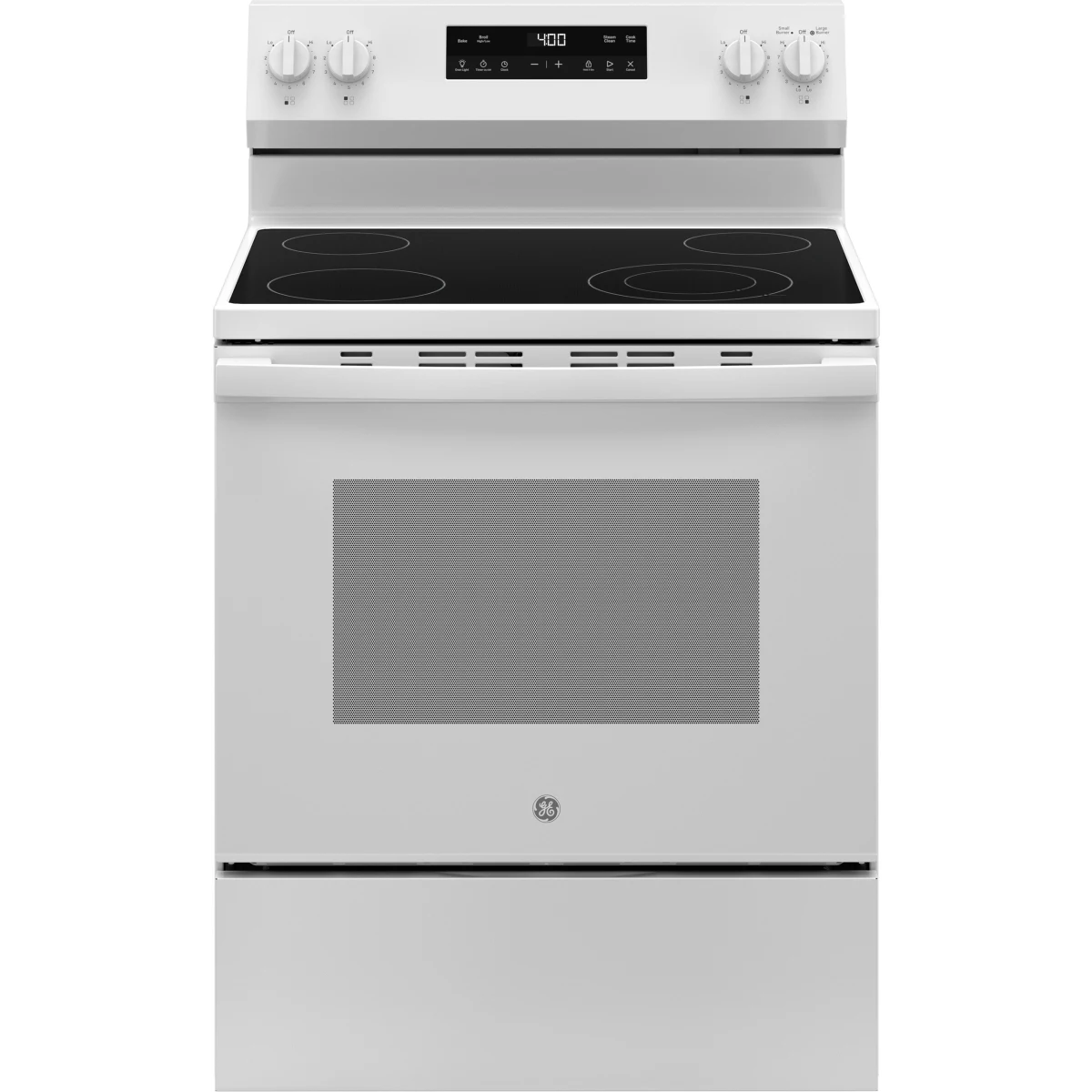 GE - GRF400SVWW - 400 Series 30 Inch Freestanding Electric Range with 4 Smoothtop Elements, 5.3 cu. ft. Oven Capacity, Power Boil™ Burner, Storage Drawer, Enhanced Shabbos Mode Built In, and Steam Clean: White
