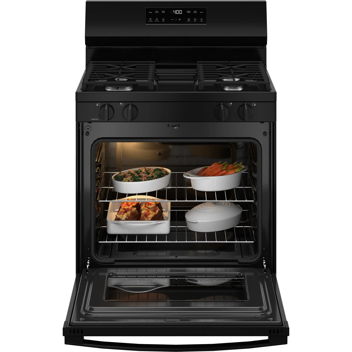 GE - GGF400PVBB - 400 Series 30 Inch Freestanding Gas Smart Range with 4 Sealed Burners, 5.3 cu. ft. Oven Capacity, Power Boil™ Burner, Storage Drawer, SmartHQ™, Enhance Shabbos Mode Built In, and Self & Steam Clean: Black